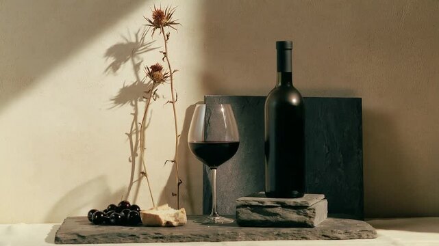 Dark red wine bottle and glass on slate with dried flowers and grapes against a warm wall, editorial wine still life in soft sunlight