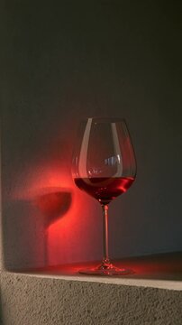 Red wine glass projecting a glowing red light pattern onto a pale wall, vertical minimal still life with sunlight and shadow
