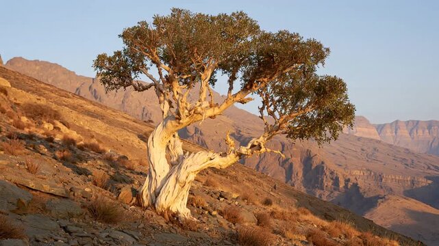 Lone frankincense tree with pale twisted trunk and flat green crown on an arid mountain slope at golden hour, desert valley beyond, origin of incense