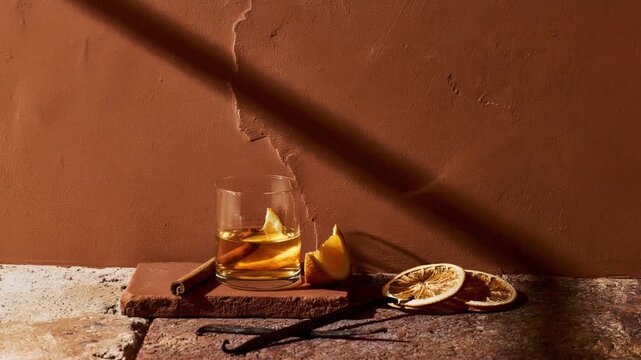 Glass of aged tequila with orange slices and cinnamon on a terracotta board under hard sunlight, warm reposado mexican still life