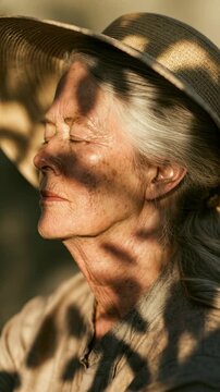 Elderly woman with long silver hair under a woven sun hat, eyes closed in golden light as leaf shadows dapple her face, serene mature natural beauty