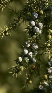 Juniper branch with frosted pale blue and green berries among sharp needles, sunlit against deep olive green, vertical macro of an aromatic conifer