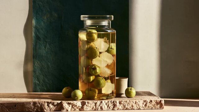 Glass jar of homemade umeshu with green plums soaking in liqueur on a stone slab with sunlight, japanese plum wine making