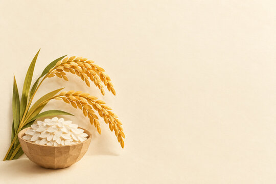 Paper rice bowl and panicles framing a harvest fair background