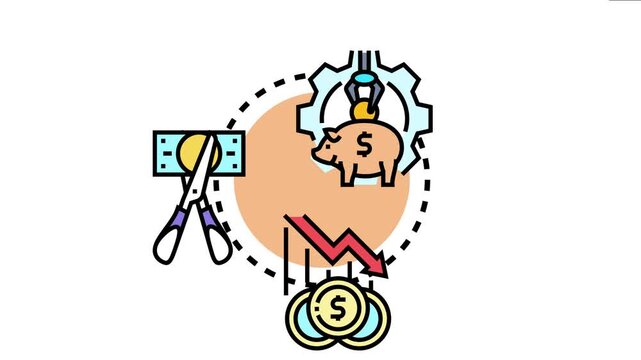 Business concept depicting financial loss prevention, including saving money in a piggy bank, cutting expenses, and managing a declining currency value indicator