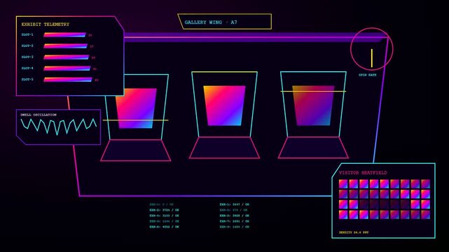 A digital virtual showroom displays animated telemetry bars and shifting light spectral boxes to represent complex data flow across three distinct frames of live monitoring sequences