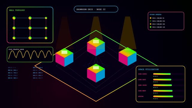 A virtual showroom interface displays colorful glowing cubes floating above a dark grid while numerical data streams across the frame in a rhythmic digital animation sequence
