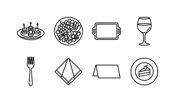 Buffet Party Essentials, line icon set featuring canap&eacute; plate, fruit platter, serving tray, wine glass, fork, napkin, buffet table sign shape without text, dessert plate, covering buffet, banquet,