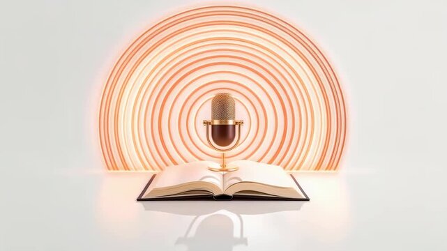 Open Book and Vintage Microphone Beneath Glowing Concentric Orange Sound Rings, Warm Broadcast