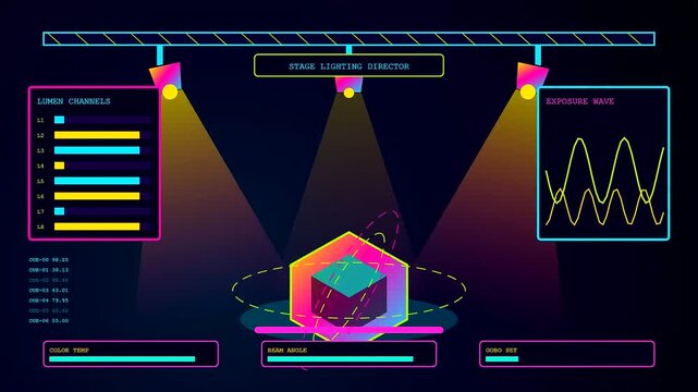 A digital virtual showroom interface displays animated cubes with fluctuating light levels and streaming data panels on a dark background for stage lighting control and planning