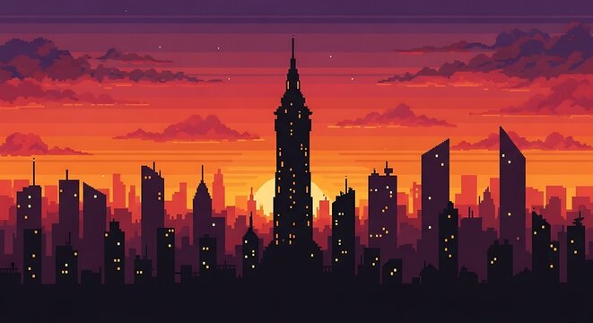 Retro pixel city skyline vibrant sunset