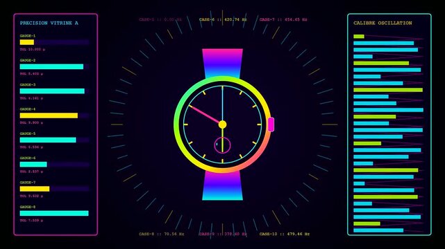 A digital virtual showroom display features neon watch face schematics with glowing interface data points shifting across three dark screens for professional monitoring and diagnostics
