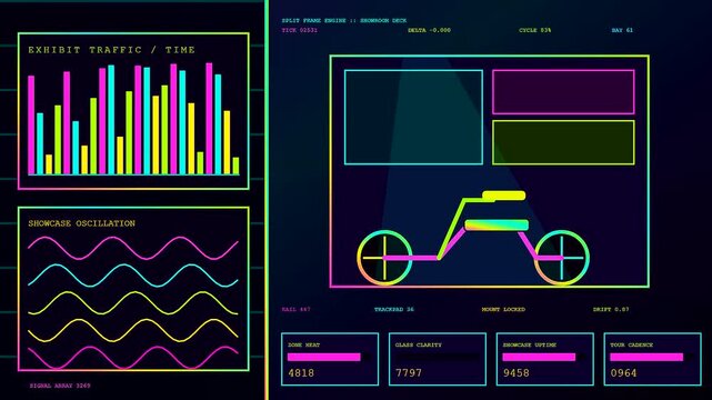 A digital virtual showroom display features neon cycle line graphs and glowing waveform monitor patterns across a dark gradient interface in this complex motion graphics sequence