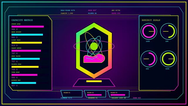 A digital virtual showroom interface displays evolving holographic data metrics and neon glowing ring gauges across a trio of alternating dark motion graphic video panels
