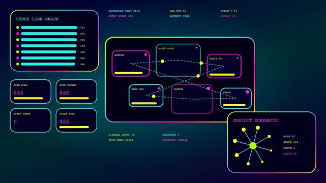 A digital virtual showroom display showcases complex network mapping nodes and data flow patterns inside a modern graphical interface with glowing cyan and magenta light elements
