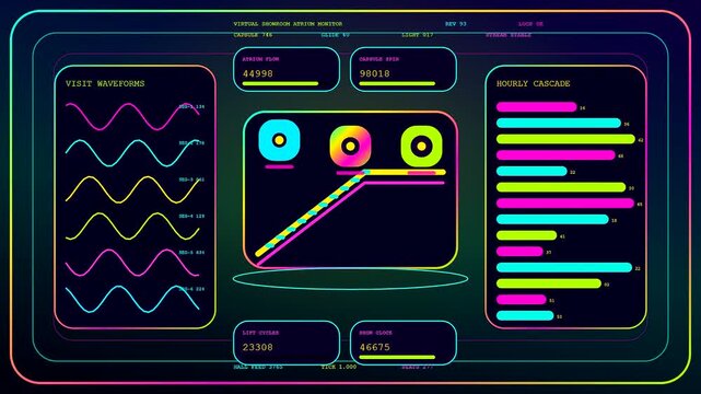 A detailed virtual showroom dashboard interface displays vibrant wave patterns and cycling metrics in a repeating looped video animation that showcases digital monitoring in real time