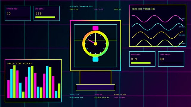 Neon virtual showroom interface elements displayed on a digital grid monitor showing colorful waveform graphs and clock faces with analytical bar charts for monitoring system metrics
