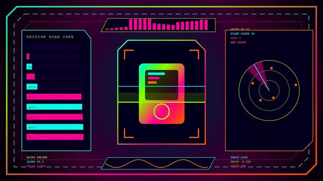 A virtual showroom interface displays neon graphical data panels with shifting radar pings and bar charts captured in a dark digital environment with flickering glowing lights
