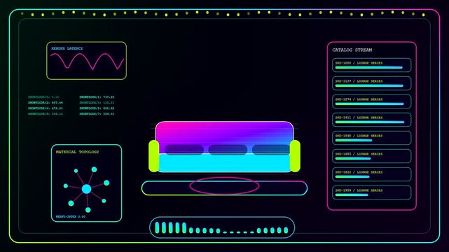 A virtual showroom interface displays a glowing sofa surrounded by complex data streaming graphs and vibrant digital waveforms while shifting through three panels of evolving information