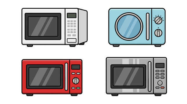Cartoon microwave oven vector set in white blue red and gray colors with digital and dial controls