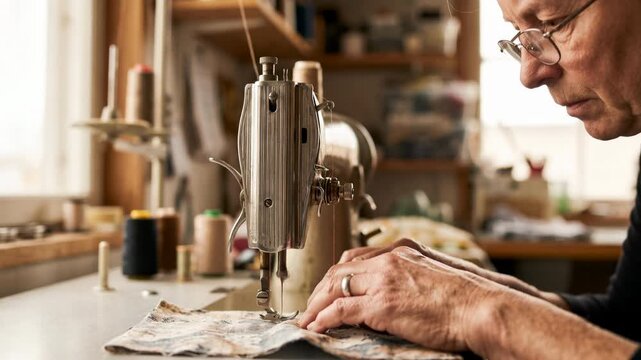 Senior caucasian male tailor working on a vintage sewing machine. Closeup of a focused craftsman stitching fabric in his workshop. Small business owner creating handmade clothing