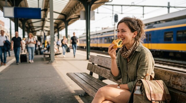 Woman enjoys a savory pastry while waiting for her train, celebrating National Pastry Day