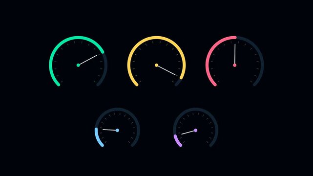 Digital servers telemetry gauges animation displaying fluctuating metrics in three distinct phases showing loading circular dials with vibrant neon hues set against deep black backdrop