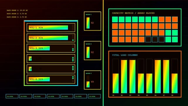 Digital servers telemetry monitoring grid displays multiple system volume performance bars with vibrant color gradients within a dark illuminated interface frame showing data analytic status updates