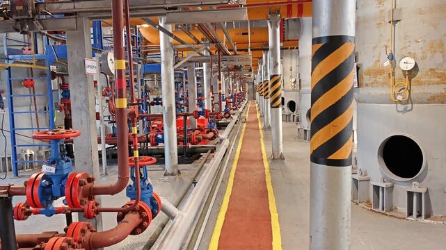 Plant interior with pipes and valves fills long maintenance walkway. Industrial room shows tanks, railings and striped safety posts, creating orderly utility space for process infrastructure.