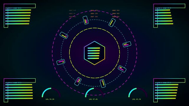 Digital servers telemetry monitoring dashboards display shifting metrics and circular loading indicators across three separate monitor frames creating a complex abstract visual flow for data analysis