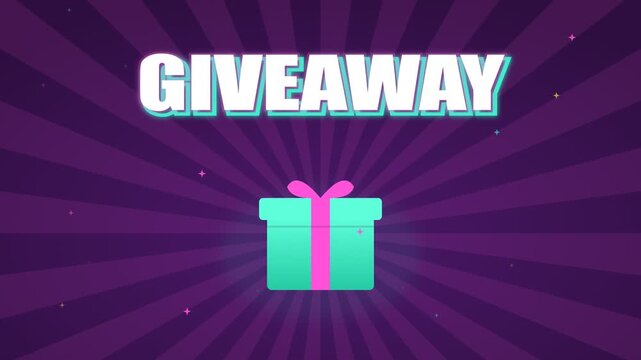 Giveaway announcement with teal gift box bursting open, win text, confetti and enter now button on purple