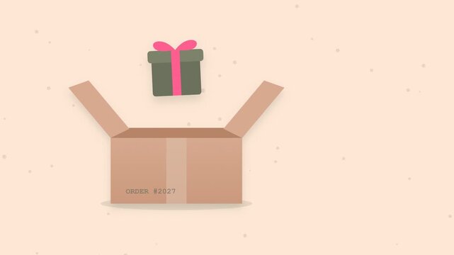 Free gift with every order, cardboard box opening and present popping out with pink stamp on cream background