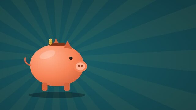 Save more spend less piggy bank with gold coin dropping in on teal sunburst background