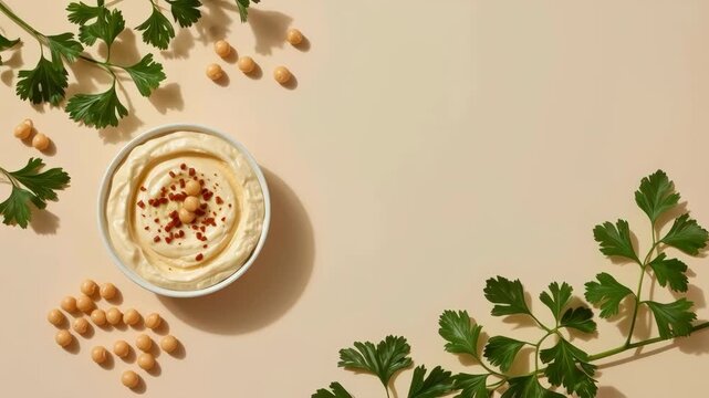 Creamy dip with herb, chickpea, hummus, and paprika beige surface, styled with parsley and soft