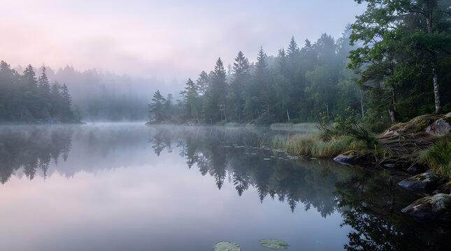 Serene misty lake and pine forest at dawn