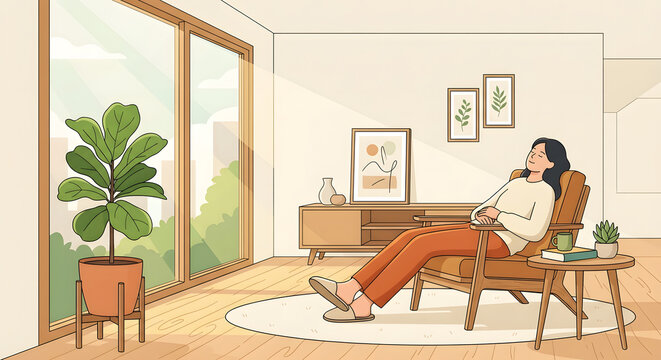 Woman relaxing in a cozy sunlit living room