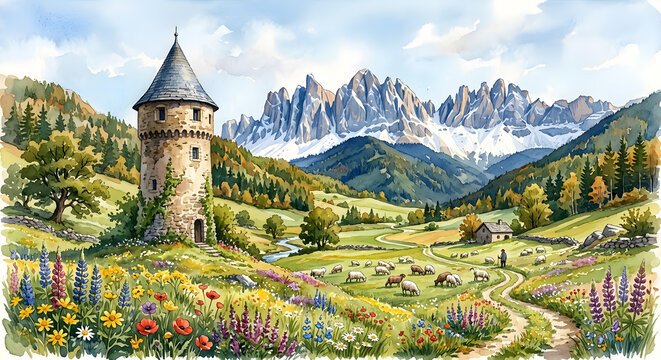 Alpine meadow with stone tower and snow-capped mountains