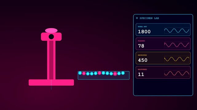 a colorful digital interface showcasing packet inspection occurring as data spheres transit through a central pylon while metrics update continuously within a sleek laboratory dashboard layout