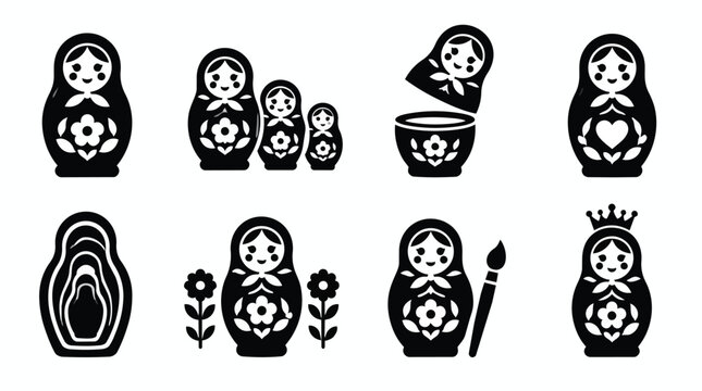 Traditional Russian matryoshka nesting doll icon set.