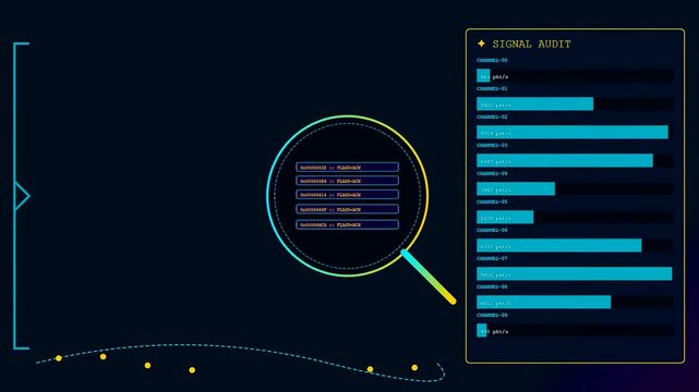 A digital packet inspection monitor displaying live network flow data within a dark interface with cyan bar charts and floating hexadecimal code circular segments