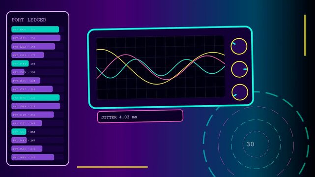 A digital packet inspection monitor displays oscillating neon light waveforms and scrolling numeric port ledger tables inside a dark virtual interface for advanced network diagnostic analysis