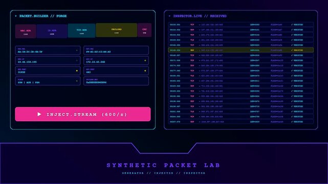 Digital packet inspection displays in a rapid stream showing multiple data parameters and software metrics across three distinct panels with glowing neon text and dark themes