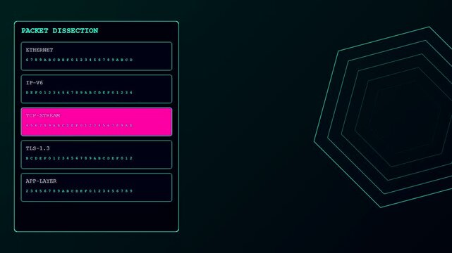Digital packet inspection flows across a virtual monitor screen showing shifting data logs in a rhythmic sequence within a dark environment featuring neon pink graphical accents