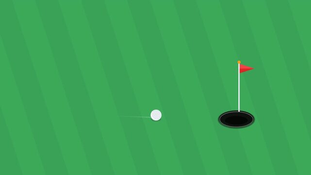 Golf balls rolling into holes with red flags on a green background
