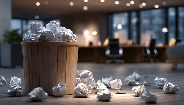Crumpled papers fill rubbish bin in modern office meeting room. Represents failed business ideas, need for teamwork, problem-solving, refining concepts to foster innovation, persistence for success.