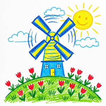 Child drawing of a colorful windmill and tulips under a bright sun
