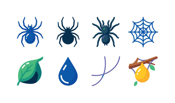 Spider Nature Symbols, bright flat vector icon set featuring spider, black-widow-inspired body silhouette without markings, tarantula silhouette, web, leaf shelter, raindrop, silk thread, egg sac and