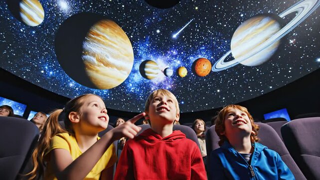 Caucasian children watching planetarium dome projection students on school fieldtrip marvel at vivid solar system display under immersive dome bright planets and meteors sweep across starry ceiling