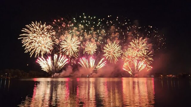 Fireworks exploding over calm lake water at night