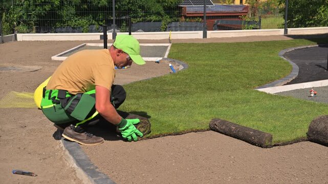 Landscaper unrolling fresh turf onto prepared garden soil